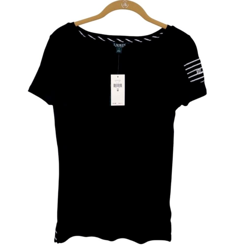 NWT Lauren Ralph Lauren Black Cotton Crew Neck Tee Fitted Preppy Logo Size M